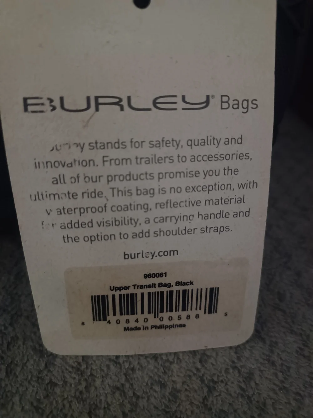 Burley Bags - Travoy Upper Transit Bag, Black - 960081 - NWT